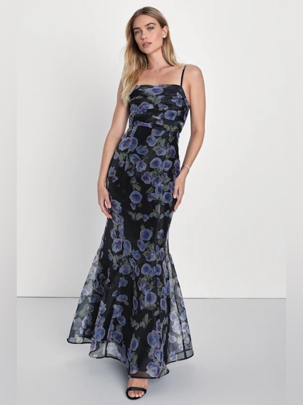 Lulus Famous Charm Black Floral Organza Pleated Mermaid Maxi Dress